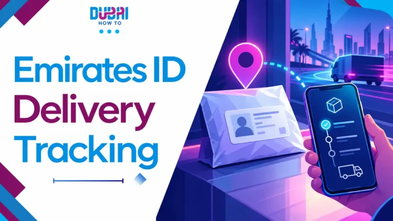 Emirates ID delivery-tracking guide with parcel and location illustration